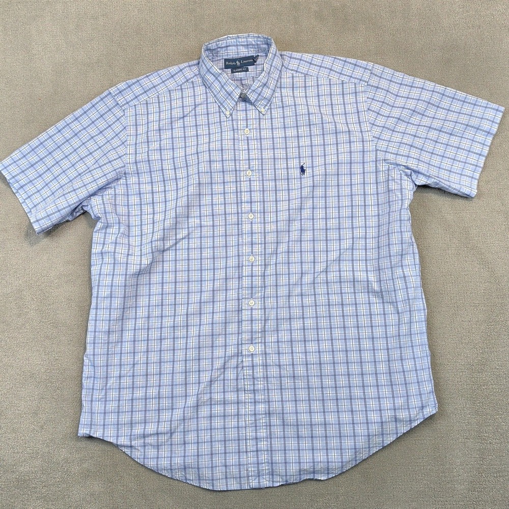 Vintage 90s Ralph Lauren Shirt Men XL Plaid Classic Fit Short Sleeve Button Down